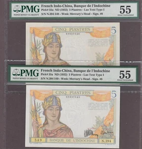 Billetes 5 Piastras Francesa Indochina P-55a ND (1932) PMG 55 Lote de 2 Consec. - Imagen 1 de 2