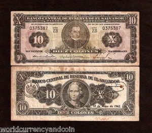EL SALVADOR 10 COLONES P-99 1959 ARCE COLON LATINO AMERICA MONEY BILL BANK NOTE - Picture 1 of 2
