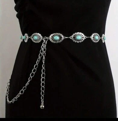 XX 59” Largo Western Boho Plateado Turquesa ☼Cinturón Vaquera Cadena Concho Foto 1 de 4