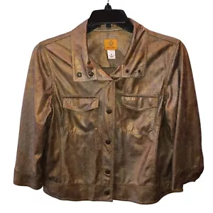 Ruby Rd Womens 14 Metallic Gold Faux Leather Snap Front Pockets Jacket - Picture 1 of 9