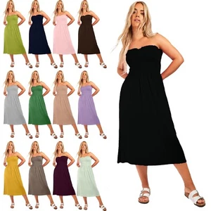 Women's Strapless Sheering Boob tube Midi Dress - Elasticated Summer Plus Size - Picture 1 of 30