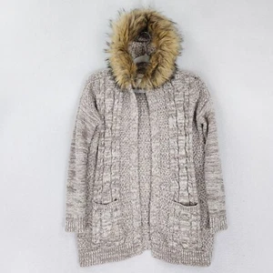 Abercrombie Kids Sweater Girls 15/16 Tan Hooded Cardigan Faux Fur Cable Knit - Picture 1 of 11