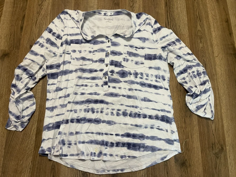 Camisa Relativity, Mujer Talla XL, Azul Blanco, Rayas, Botones 1/4, Manga 3/4 Foto 1 de 4