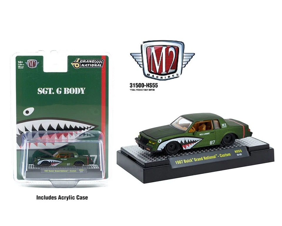 M2 Machines 1:64 1987 Buick Grand National Shark Mouth Primer Green 31500-HS55 - Image 1 of 1