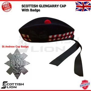 Glengarry Mütze Scottish Piper Bonnet Highland Scot Caps dreifach gewürfelt mit Abzeichen - Bild 1 von 4