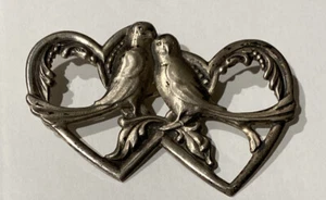 TRUART STERLING Vintage Pin Brooch Double Heart Love Birds Sterling Silver - Picture 1 of 5