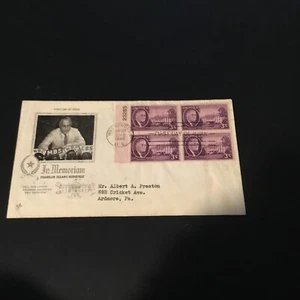 FDC 1945#830 ARTCRAFT CACHET IN MEMORIAL FRANKLIN D.ROOSEVELT PLATE BLOCK 3CT - Picture 1 of 2