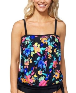 Island Escape Coral Gables Bandeau Tankini Top Tie Shelf Bra Floral Black 14 - Picture 1 of 6