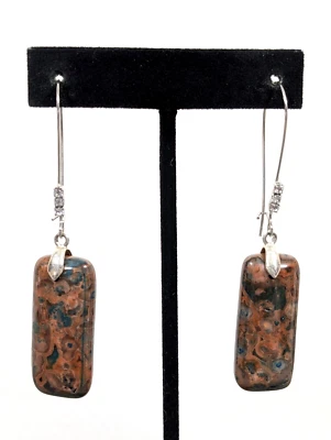 Pendientes Largos Boho Western Marrón Piedra Verde Rectángulo Acento Cristal Foto 1 de 4