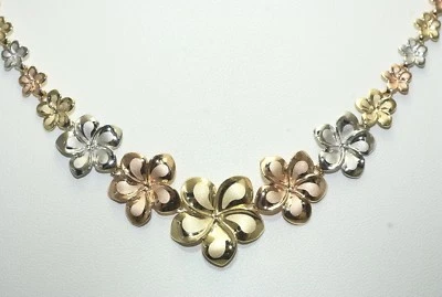 COLLAR PLUMERIA DE LUJO HAWAIANO ORO TRICOLOR SÓLIDO 14K GRADUADO 17" 15,7gr Foto 1 de 4