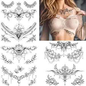 10 Sheets Large Black Flower Chest Underboob Temporary Tattoos for Women Waist - Picture 1 of 12