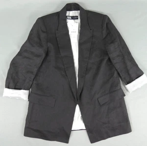 Blazer ZARA frente abierto para mujer L negro mezcla de lino mangas largas puños enrollables - Imagen 1 de 13