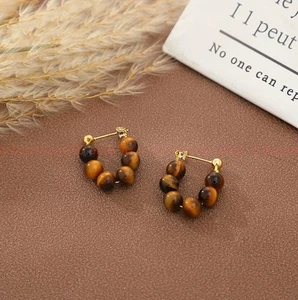 New Pretty Natural 6mm Yellow Tiger's Eye Gemstone Round Beads Dangle Earring - Picture 1 of 12