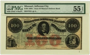 $100 1860s State Of Missouri Defence Bond Jefferson City AU55 EPQ PMG 947100-56 - Picture 1 of 3