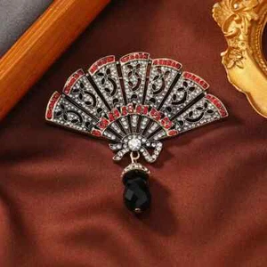 New Style Hanging Black Crystal Fan Brooches Pin Accessories - Picture 1 of 6