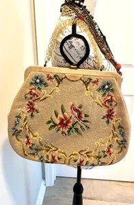 RARE FIND Vintage 1950s Floral Needlepoint Shoulder Bag Brass Enclosure, EUC - Picture 1 of 10