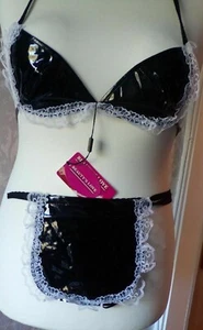 Abito elegante reggiseno bikini sexy cameriera perizoma con grembiule. Taglia piccola, abito 8-10 nero - Foto 1 di 3