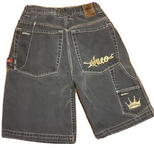 Vintage JNCO Jean Black Skater Denim Shorts Kids Embroidered Crown Boys Size 14