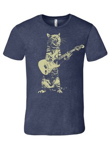 Cat playing guitar, men's heather navy premium quality tee t shirt