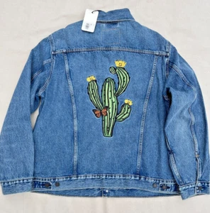 LEVIS Premium Big E Trucker Jean Jacket Good Nature Embroidery Blue Denim Men XL - Picture 1 of 21