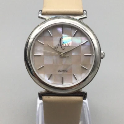 Reloj Aria Mujer 34mm Tono Plata Esterlina Rosa MOP Cuadros Cuadros Batería Nueva b Foto 1 de 4