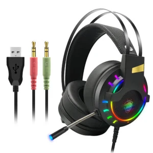 RGB Gaming Headset with Mic Wired Over-Ear PC Headphones Noise Cancelling - Picture 1 of 10