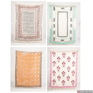 Hand Loom Hand Block Printed Bed Runner Boho Cotton Fringed Blanket Beach Throws - Picture 1 of 41