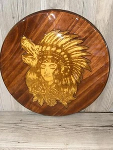 Vintage Wood Wall Art - Native American Chief and Wolf - Picture 1 of 3