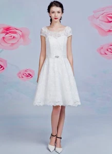 HBH Brautmode 50er halblanges Brautkleid Hochzeitskleid mit Spitze Kurz Gr.34-54 - Bild 1 von 6