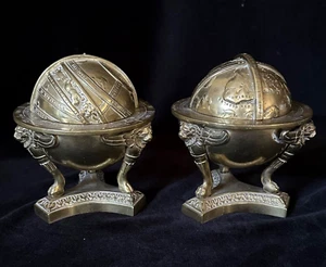 PAIR BRASS CELESTIAL & TERRESTIAL GLOBE INKWELLS- Gryphons France ANTIQUE c.1810 - Picture 1 of 24