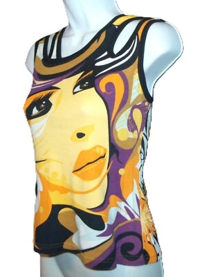Camiseta sin mangas CUSTO BARCELONA algodón recorte colorido dama tiki dragón cara estampado S Foto 1 de 4