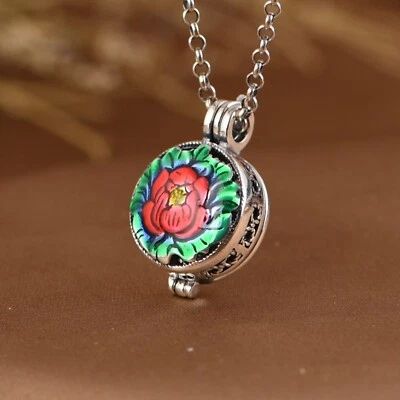 925 Sterling Silver Men Women Lucky Enamel Peony Flower Sachet Box Pendant Gift - Image 1 of 4