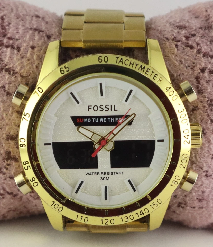 Reloj de cuarzo analógico/digital de lujo para hombre con esfera blanca correa de acero Foto 1 de 4