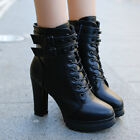 Punk Buckle Motor Boots Womens High Heel Lace Up Rivet Riding Ankle Boots Shoes