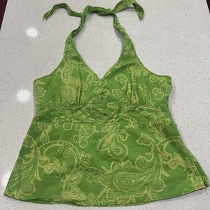 Y2K Tommy Hilfiger Fitted Babydoll Paisley Green Halter Top Zip Euc Boho - Picture 1 of 9