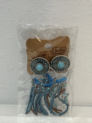 NWT Justin Boot Western Concho Dangle Earrings Turquoise Color Silver Suede Post - Image 1 of 2