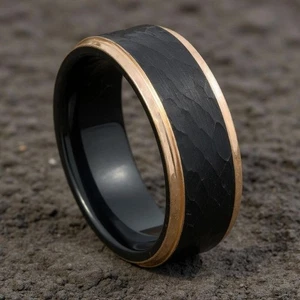 Brushed Hammered Black & Rose Gold Tungsten Ring Men's Wedding Band Men's Ring - Picture 1 of 3