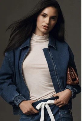 Chaqueta Bomber Anthropologie Rylie Por Pilcro Demin Edición Tejida Md Azul Medio Foto 1 de 4