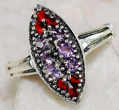 Anel de filigrana de prata esterlina 925 granada de ametista e fogo 1CT tamanho 8 F2-1 - Imagem 1 de 2