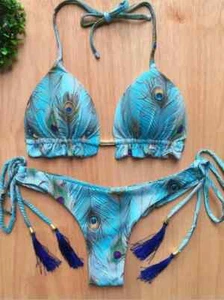 Set micro bikini RUOTONGSEPT 2025 nuovo costume da bagno donna fascia stampa piuma - Foto 1 di 29