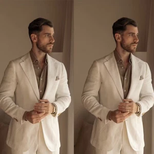 White Linen Men Suits 2 Pieces Summer Official Business Formal Wear Men Blazers - Picture 1 of 8