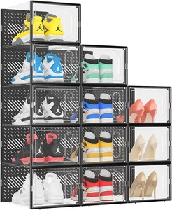 X-Large Shoe Organizer with Magnetic Door, 12 Pack Clear Plastic Stackable Shoe - Picture 1 of 12