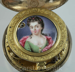 rare Repousse Oignon Mook Pelendium enamel Potrait 1730 verge fusee Pocket watch