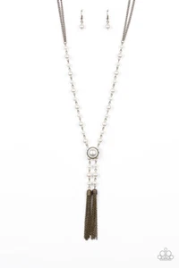 Paparazzi Jewelry Vintage Diva Necklace Pearl Beads Brass Chain Tassel - Picture 1 of 3