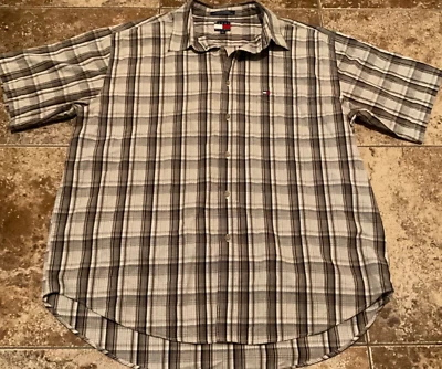 CAMISA VINTAGE Y2K TOMMY Hilfiger xadrez manga curta botão para cima (masculina GG) COMO ESTÁ - Imagem 1 de 4