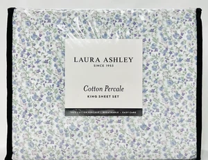 Purple Blue Floral King Crisp Cool Cotton Percale Sheet Set Laura Ashley Emogene - Picture 1 of 7