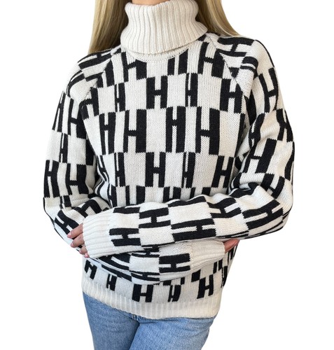 HERMÈS Maglione girocollo HERMES vintage H logo monogramma #S panna nero lana