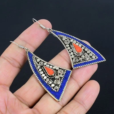 Orecchino vintage boho argento sterling 925 fatto a mano corallo rosso... - Immagine 1 di 4