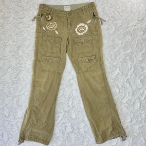 Y2K Style Embroidered Corduroy Cargo Flare Pants Wmns M Green Low Lizzy McGuire - Picture 1 of 18