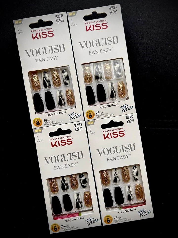 Kiss Nails Voguish Fantasy Press Glue Manicure Long Coffin Tie Dye Black GLD